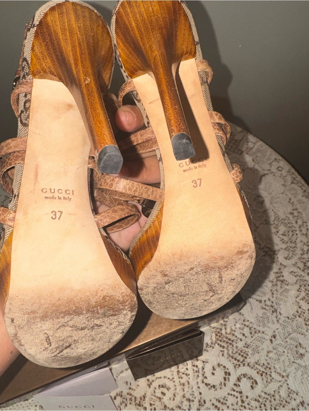 Gucci Brown Leather & GG Canvas Wedge Sandals with Bamboo Accent - Picture 5 of 11